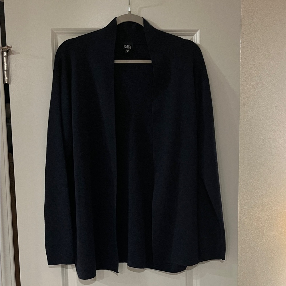 Eileen Fisher Navy Blue Cardigan Sweater 100% Merino Wool